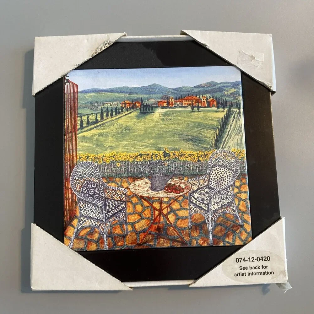 Sarina Framed Ceramic Tile Art 8x8 Tuscany Italy Vineyard Patio Bistro Chair